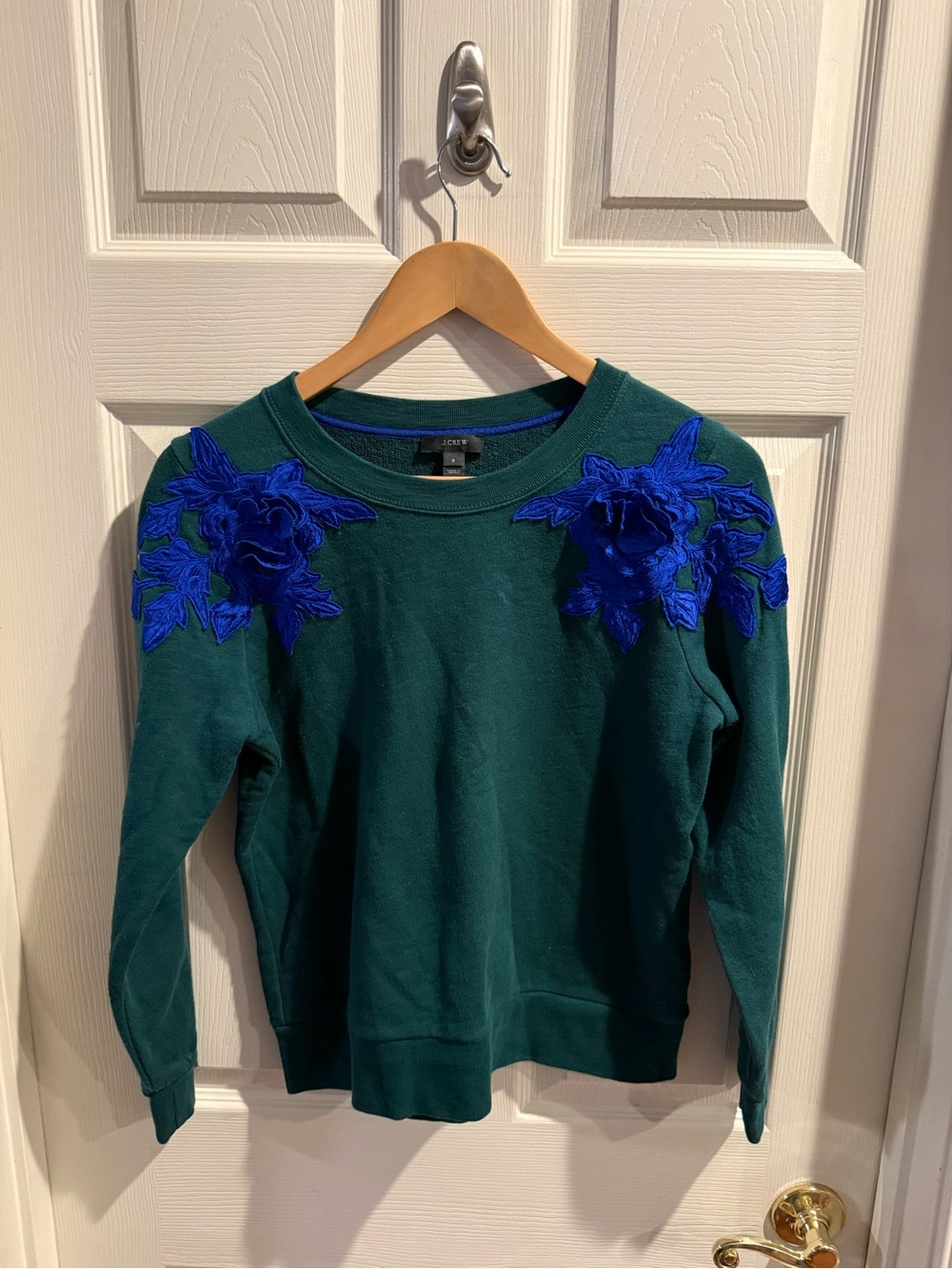 J. Crew Dark Green Crewneck Sweatshirt with Royal Blue Floral Appliqué